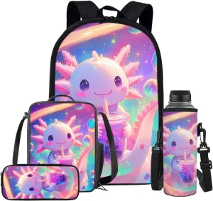 Axolotl Backpack Purse for Girls 8-10 Salamander School Bookbag Set Pencil Case Cute Backpack with Lunch Box for Teen Girls Middle School