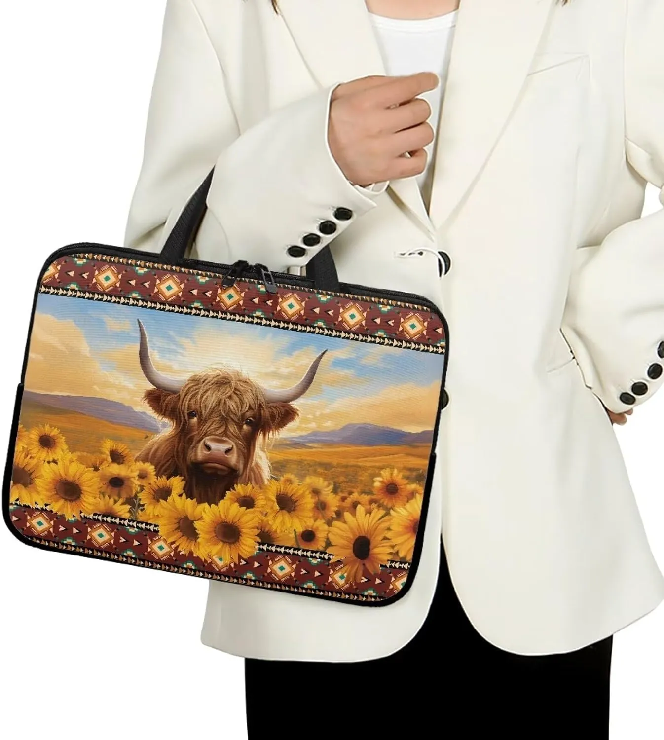 Aztec Sunflower Cow Computer Bag Sleeve with Handle, Protective Tablet Case with Zipper, Water-Repellent Fabric Laptop Bag, Portable Notebook Sleeves Handbag for Travel/Business/School