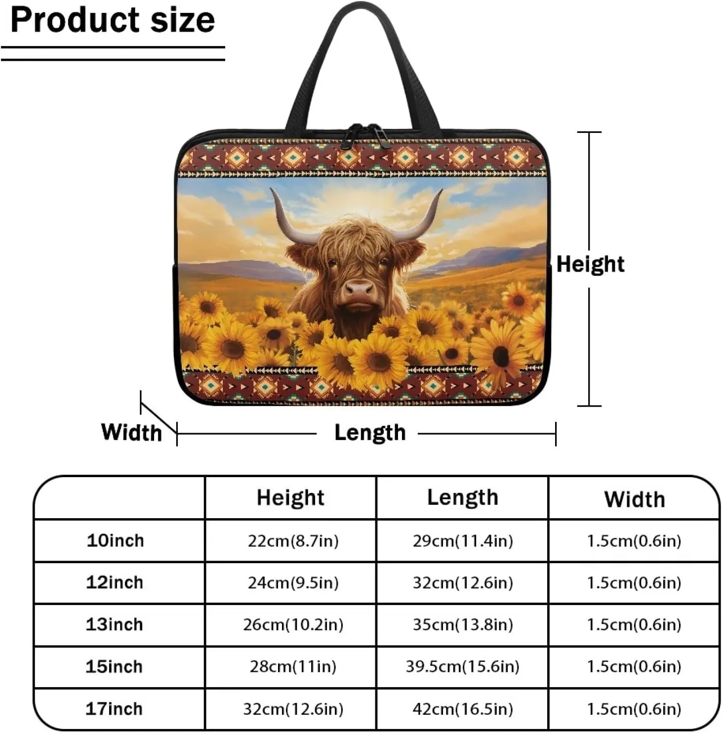 Aztec Sunflower Cow Computer Bag Sleeve with Handle, Protective Tablet Case with Zipper, Water-Repellent Fabric Laptop Bag, Portable Notebook Sleeves Handbag for Travel/Business/School