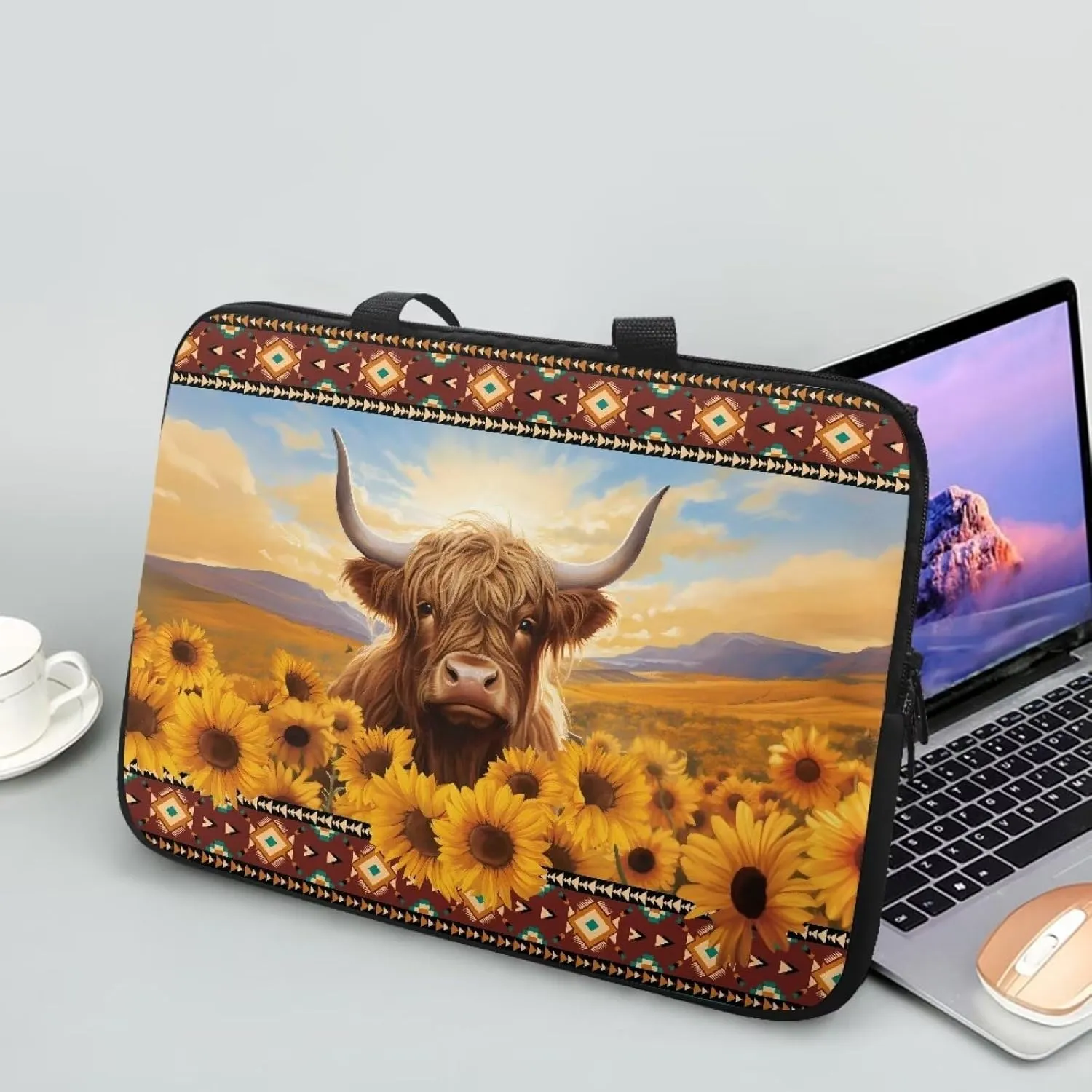 Aztec Sunflower Cow Computer Bag Sleeve with Handle, Protective Tablet Case with Zipper, Water-Repellent Fabric Laptop Bag, Portable Notebook Sleeves Handbag for Travel/Business/School