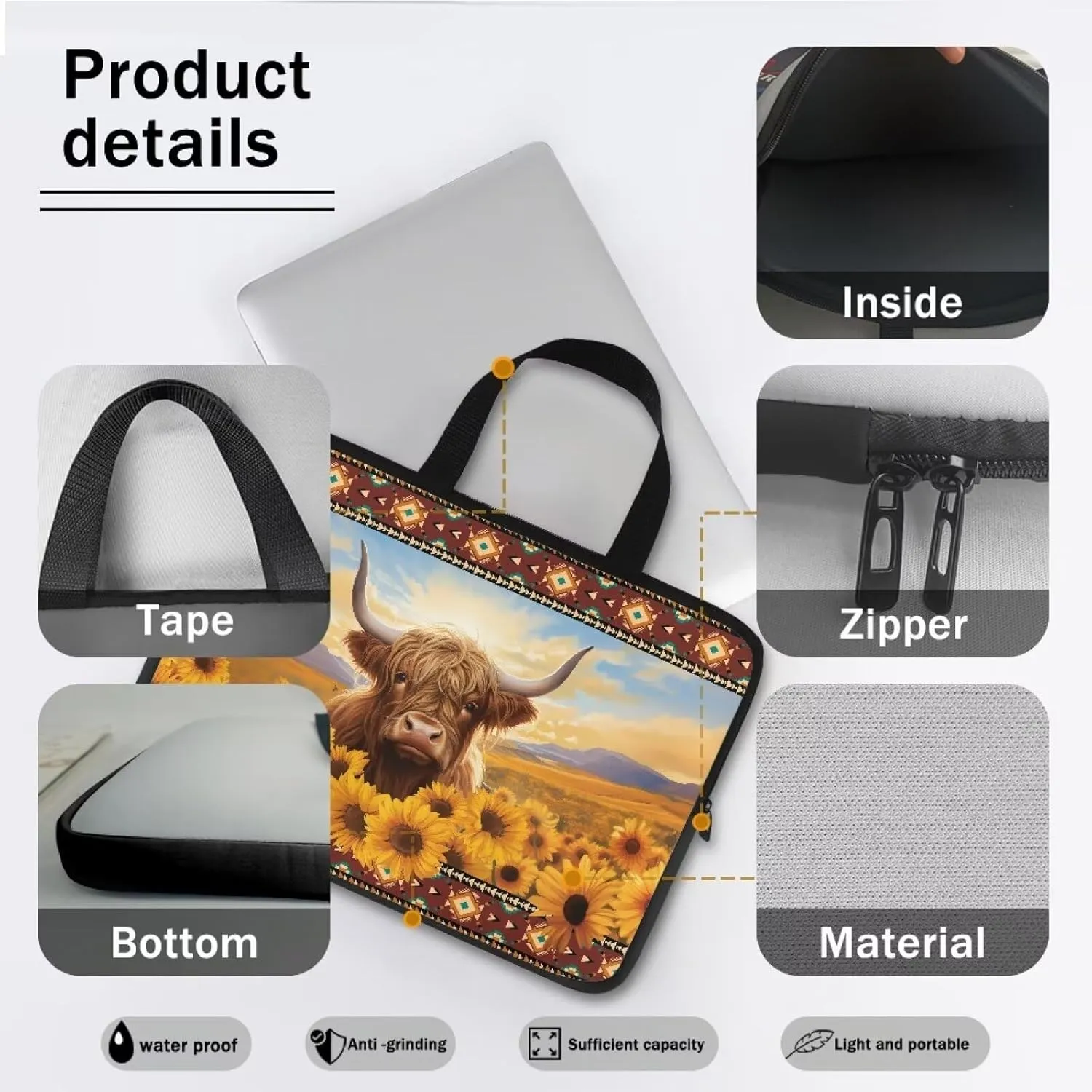Aztec Sunflower Cow Computer Bag Sleeve with Handle, Protective Tablet Case with Zipper, Water-Repellent Fabric Laptop Bag, Portable Notebook Sleeves Handbag for Travel/Business/School