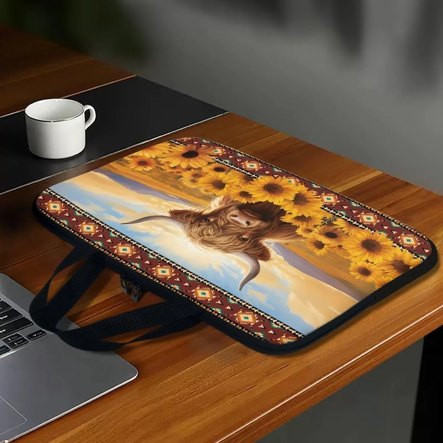 Aztec Sunflower Cow Computer Bag Sleeve with Handle, Protective Tablet Case with Zipper, Water-Repellent Fabric Laptop Bag, Portable Notebook Sleeves Handbag for Travel/Business/School