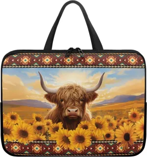 Aztec Sunflower Cow Computer Bag Sleeve with Handle, Protective Tablet Case with Zipper, Water-Repellent Fabric Laptop Bag, Portable Notebook Sleeves Handbag for Travel/Business/School