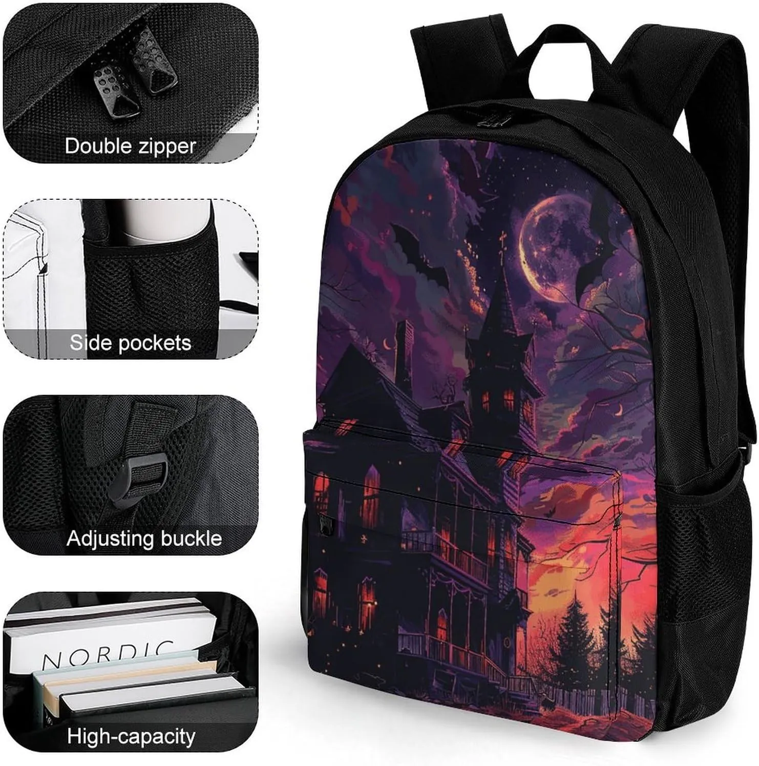 Backpack for Men Women Laptop Backpack Black Haunted House Casual Daypack Laptop Bag for Travel, 42x30.5cm