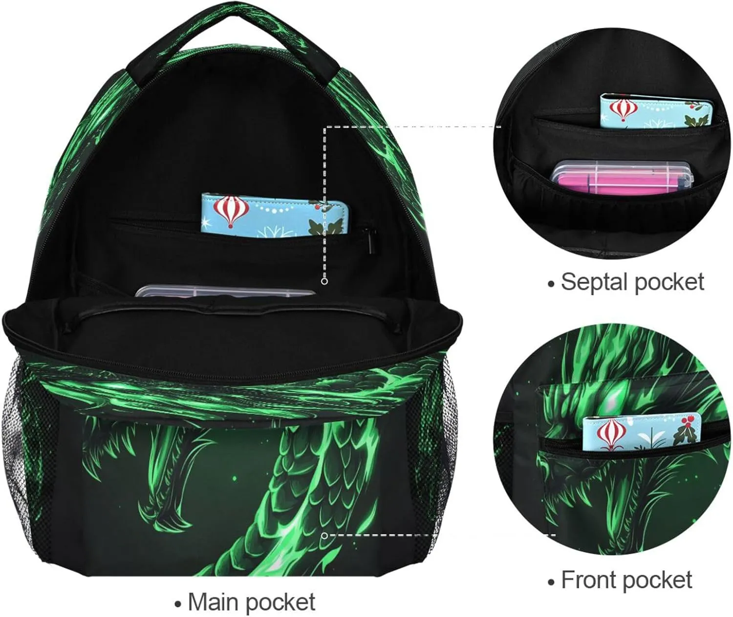 Backpack School Bookbag Travel Bag Angry Green Dragon for Girls Boys Teen