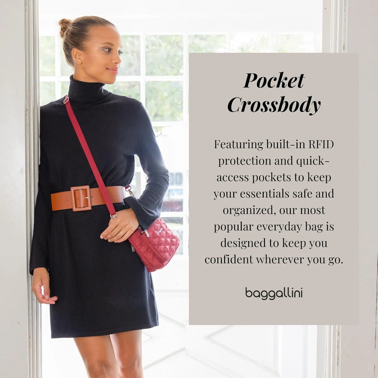 Baggallini Pocket Crossbody Bags for Women 8x8 Small Lightweight Durable Nylon Water-resistant Travel Purse W/Rfid Wristlet