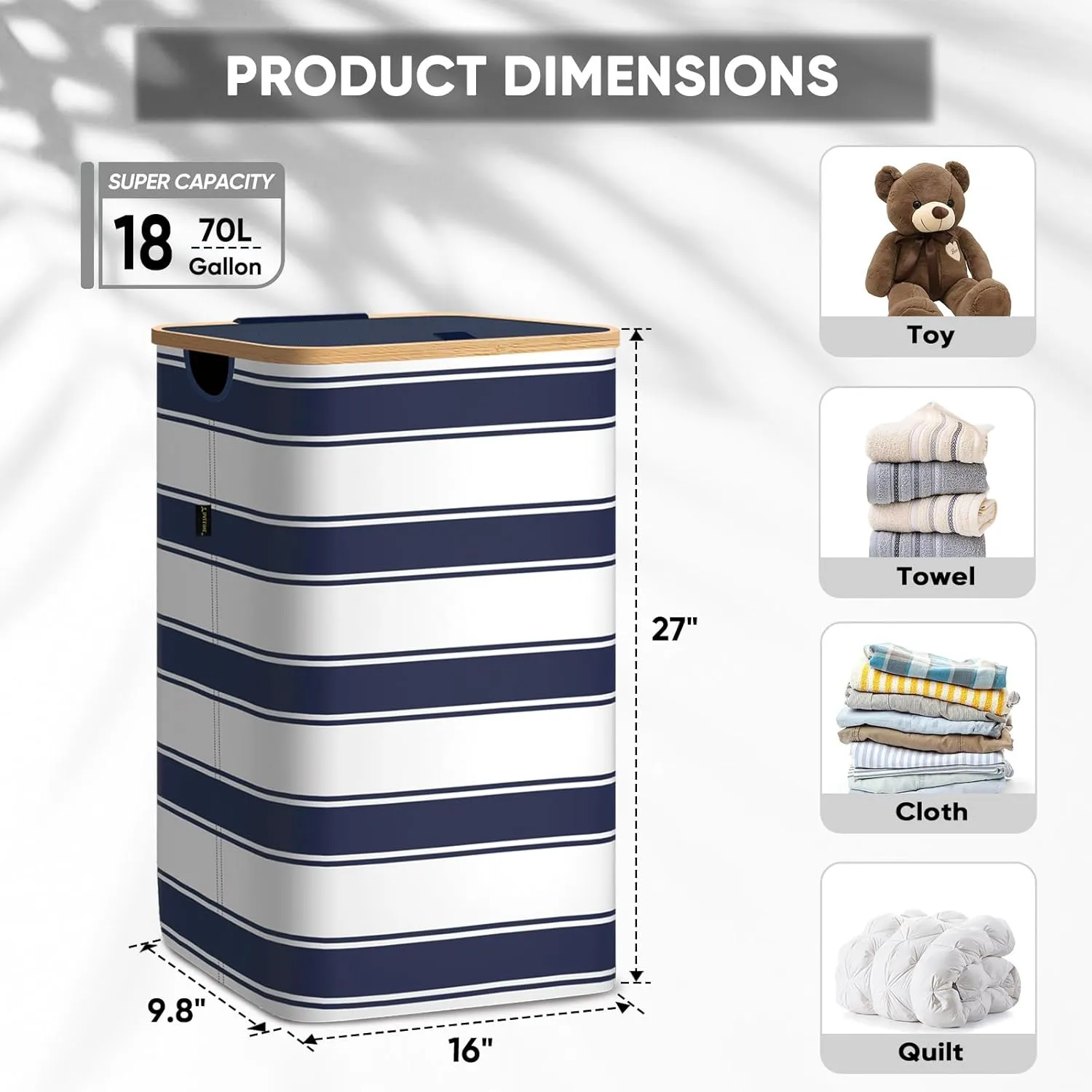 BALEINE Laundry Hamper with Lid, Tall Laundry Baskets with Bamboo Pull Handles, Large Laundry Bin with Internal Support (18 Gal/70L, Blue Stripe)