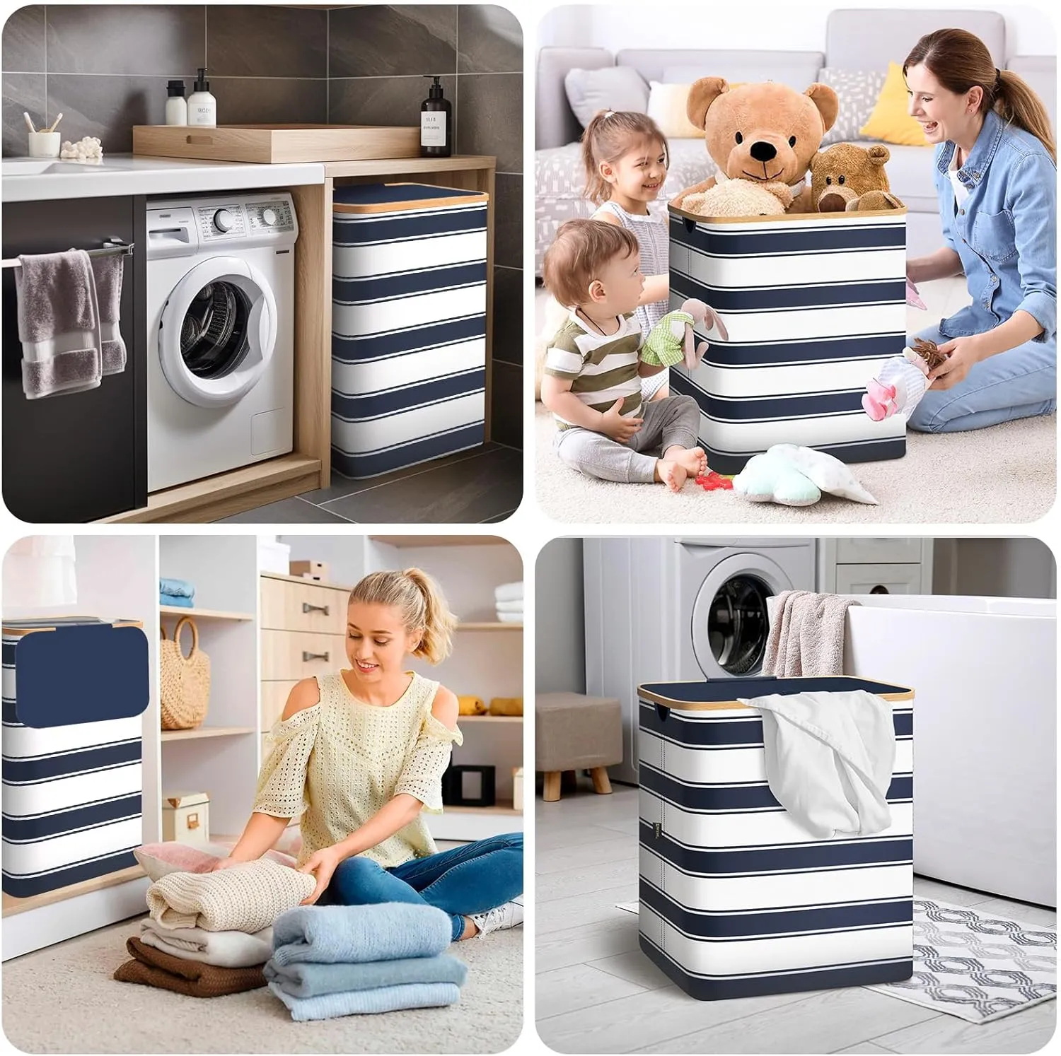 BALEINE Laundry Hamper with Lid, Tall Laundry Baskets with Bamboo Pull Handles, Large Laundry Bin with Internal Support (18 Gal/70L, Blue Stripe)