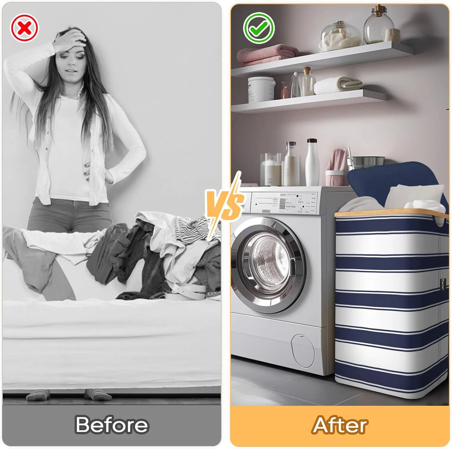 BALEINE Laundry Hamper with Lid, Tall Laundry Baskets with Bamboo Pull Handles, Large Laundry Bin with Internal Support (18 Gal/70L, Blue Stripe)