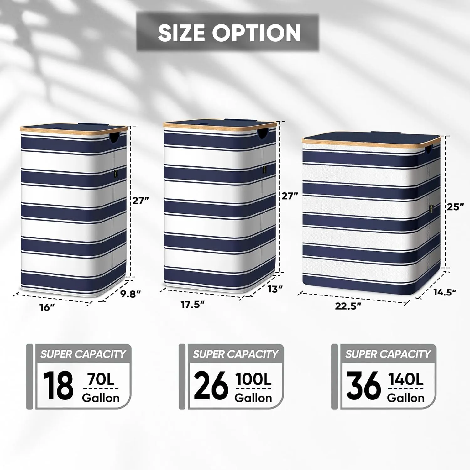 BALEINE Laundry Hamper with Lid, Tall Laundry Baskets with Bamboo Pull Handles, Large Laundry Bin with Internal Support (18 Gal/70L, Blue Stripe)