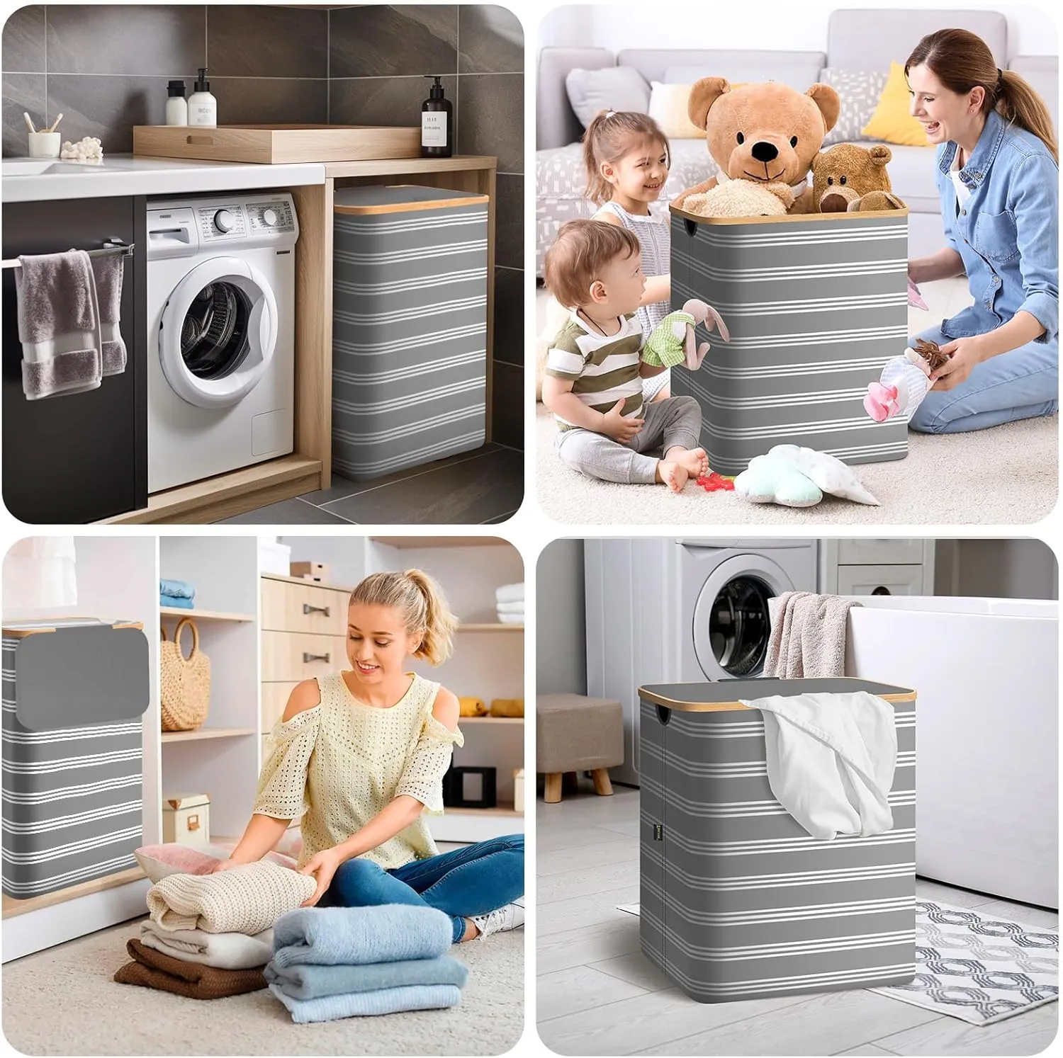 BALEINE Laundry Hamper with Lid, Tall Laundry Baskets with Bamboo Pull Handles, Large Laundry Bin with Internal Support (18 Gal/70L, Grey Pinstripe)