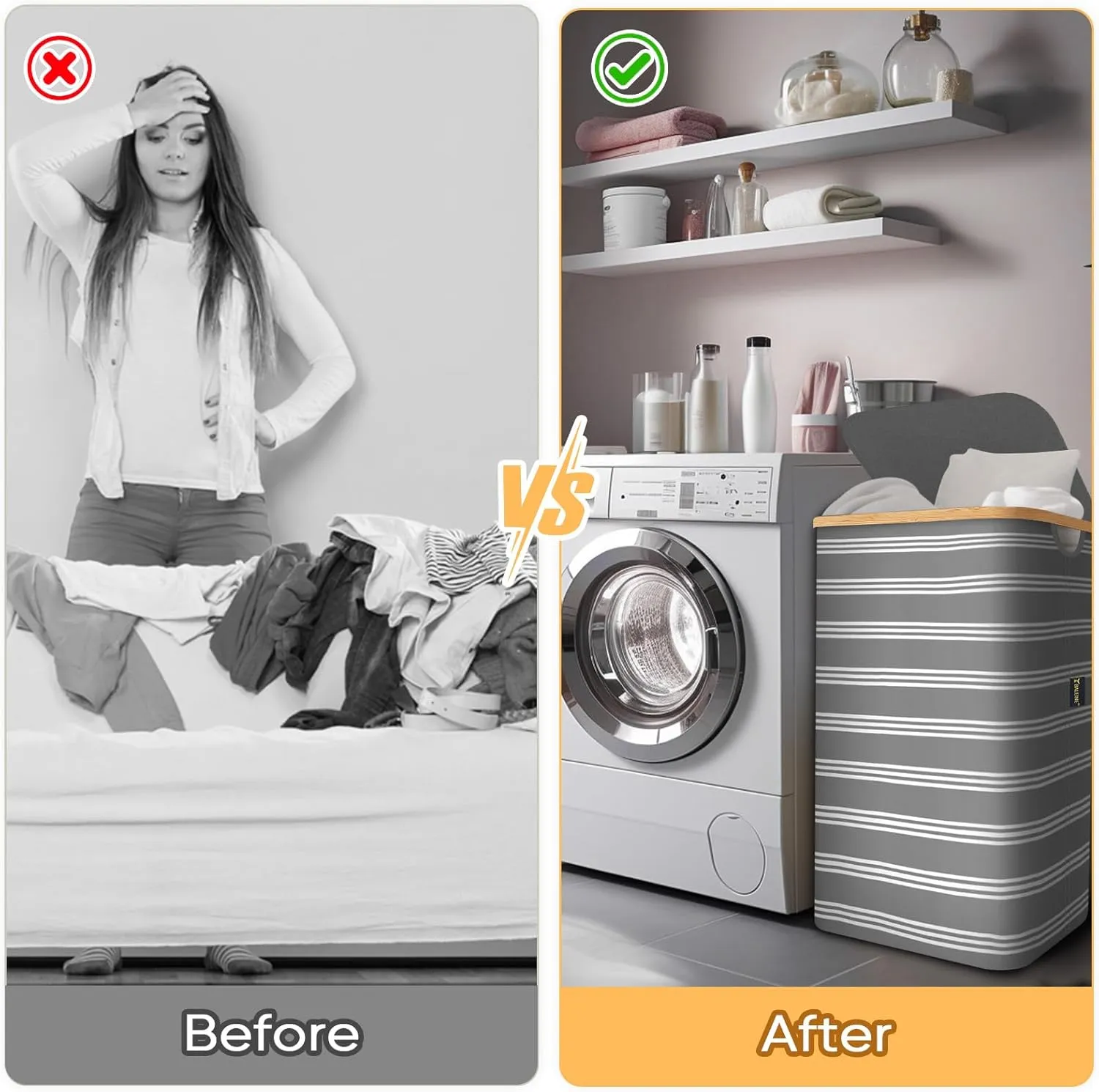 BALEINE Laundry Hamper with Lid, Tall Laundry Baskets with Bamboo Pull Handles, Large Laundry Bin with Internal Support (18 Gal/70L, Grey Pinstripe)