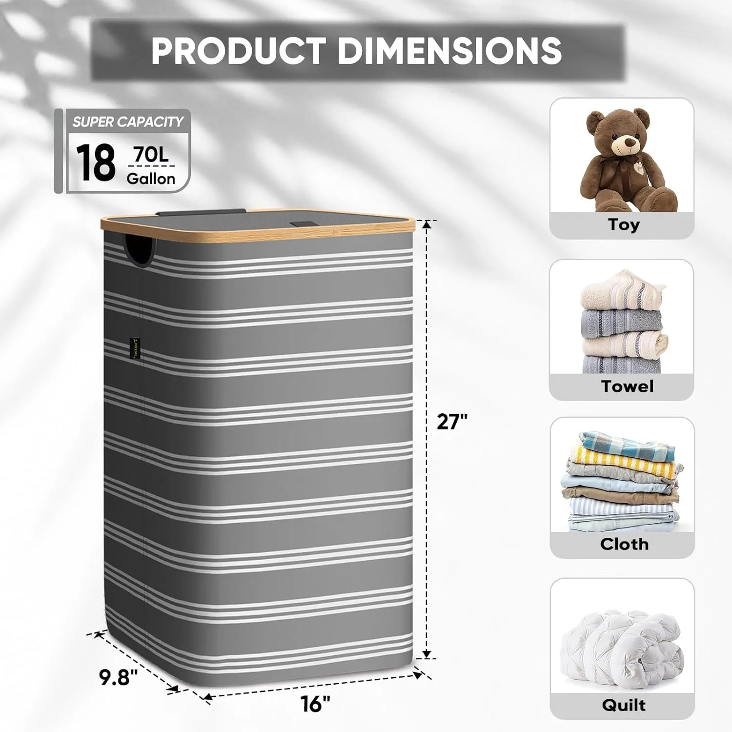 BALEINE Laundry Hamper with Lid, Tall Laundry Baskets with Bamboo Pull Handles, Large Laundry Bin with Internal Support (18 Gal/70L, Grey Pinstripe)