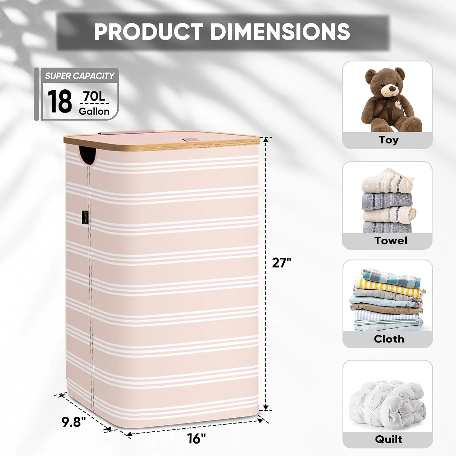 BALEINE Laundry Hamper with Lid, Tall Laundry Baskets with Bamboo Pull Handles, Large Laundry Bin with Internal Support (18 Gal/70L, Pink Pinstripe)