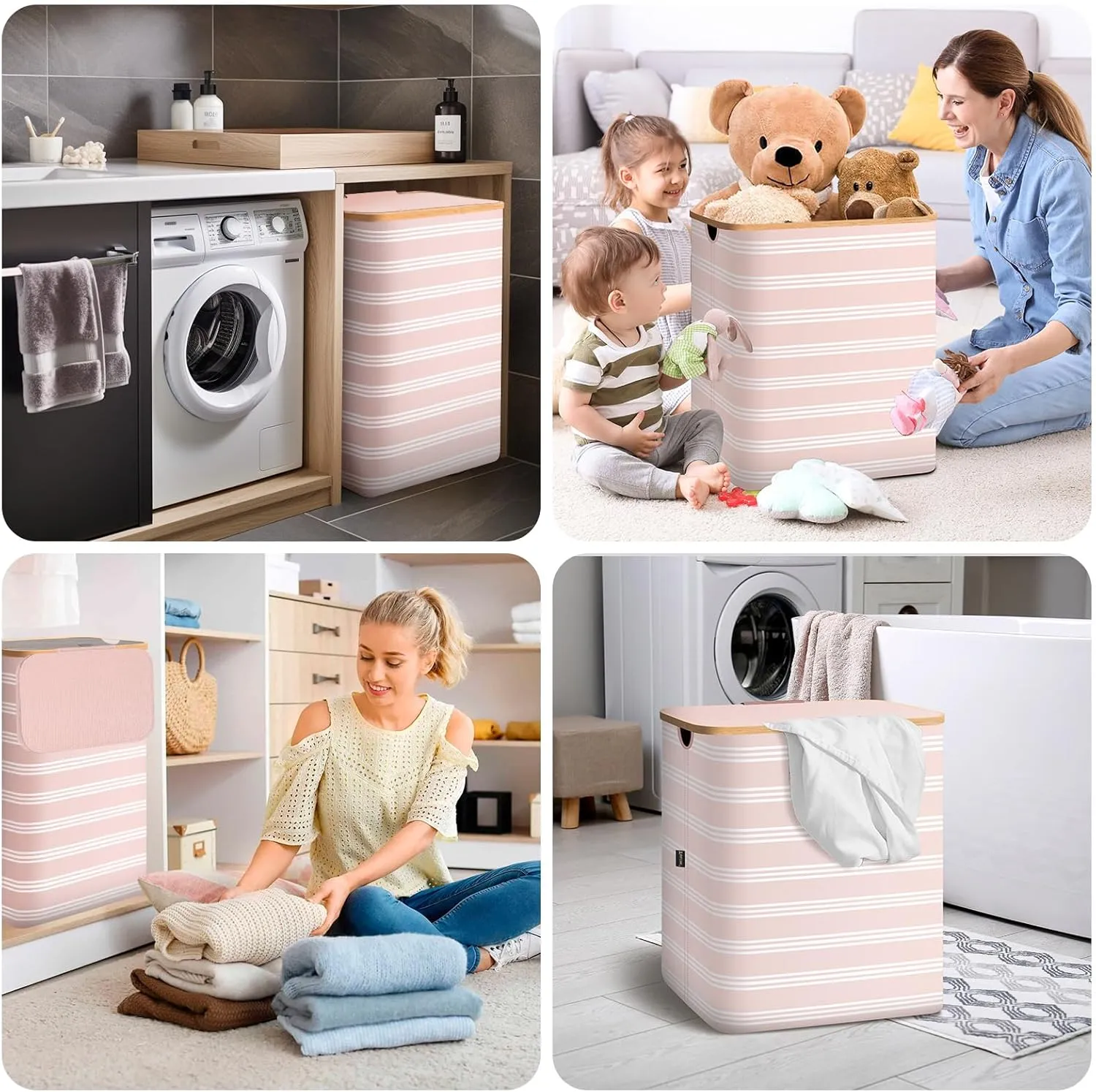 BALEINE Laundry Hamper with Lid, Tall Laundry Baskets with Bamboo Pull Handles, Large Laundry Bin with Internal Support (18 Gal/70L, Pink Pinstripe)