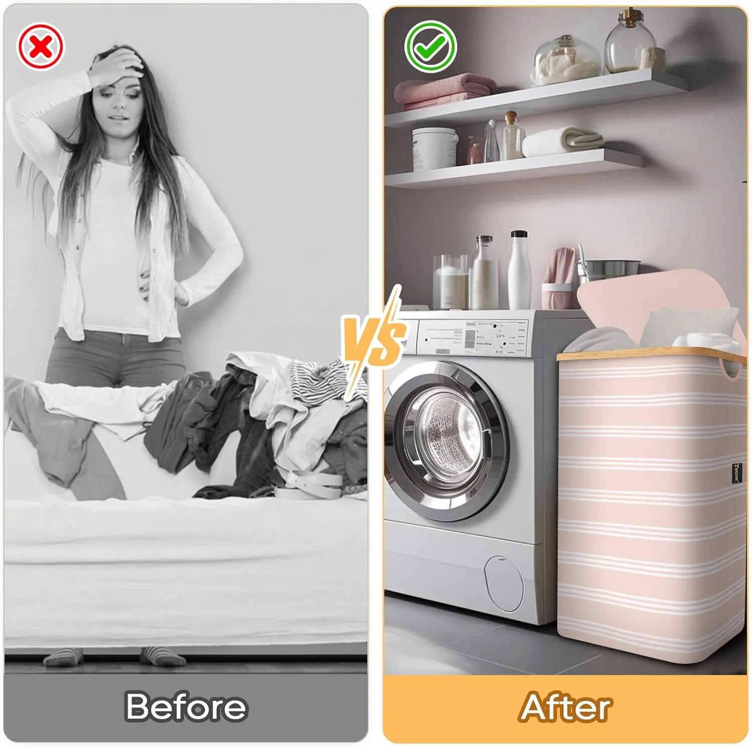 BALEINE Laundry Hamper with Lid, Tall Laundry Baskets with Bamboo Pull Handles, Large Laundry Bin with Internal Support (18 Gal/70L, Pink Pinstripe)