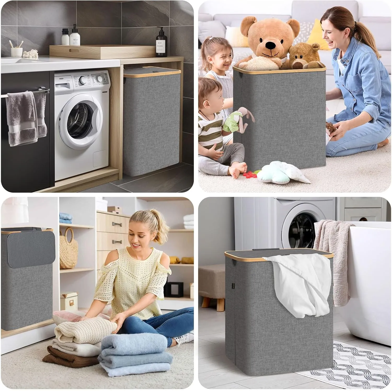 BALEINE Laundry Hamper with Lid, Tall Laundry Baskets with Bamboo Pull Handles, Large Laundry Bin with Internal Support (26 Gal/100L, Black)