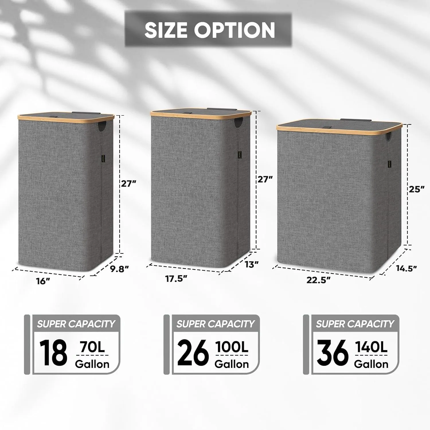 BALEINE Laundry Hamper with Lid, Tall Laundry Baskets with Bamboo Pull Handles, Large Laundry Bin with Internal Support (26 Gal/100L, Black)