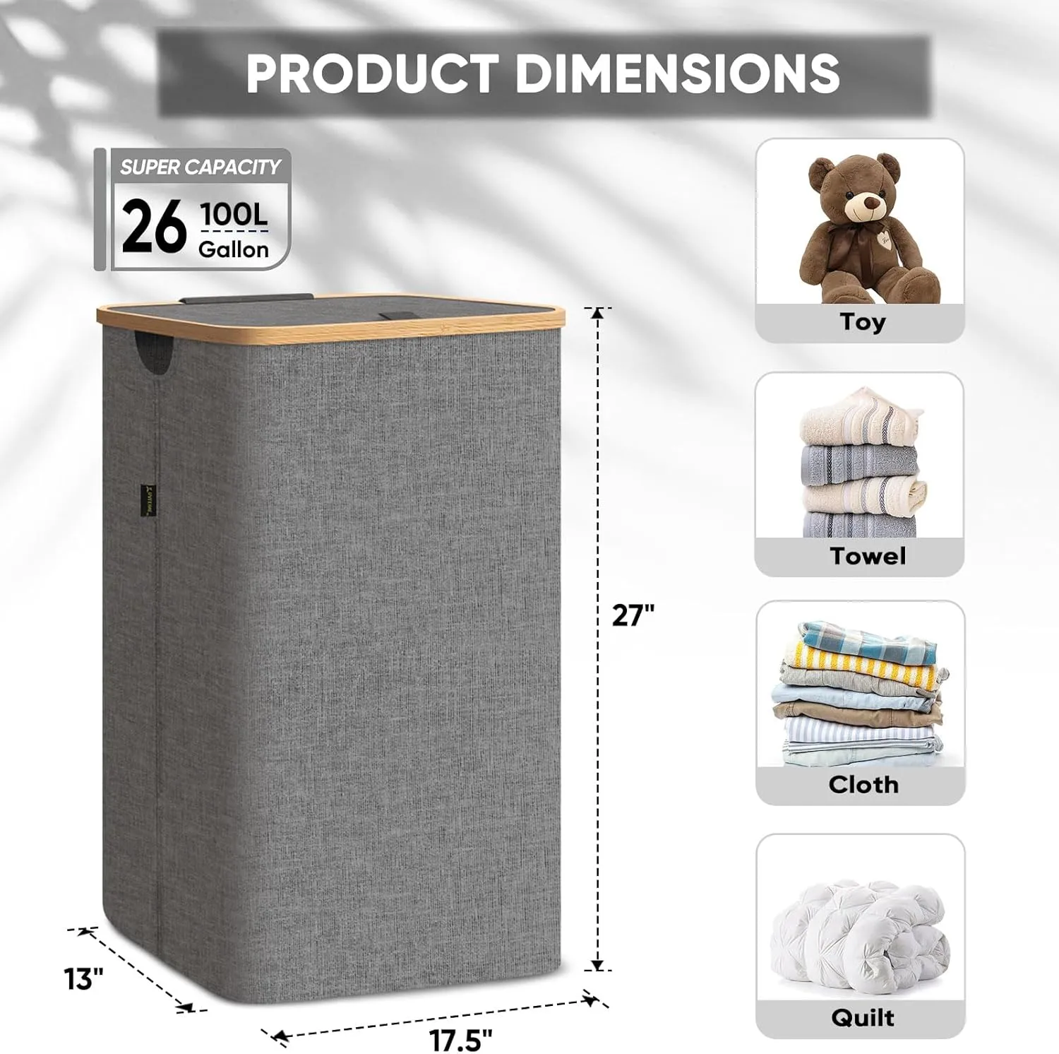 BALEINE Laundry Hamper with Lid, Tall Laundry Baskets with Bamboo Pull Handles, Large Laundry Bin with Internal Support (26 Gal/100L, Black)