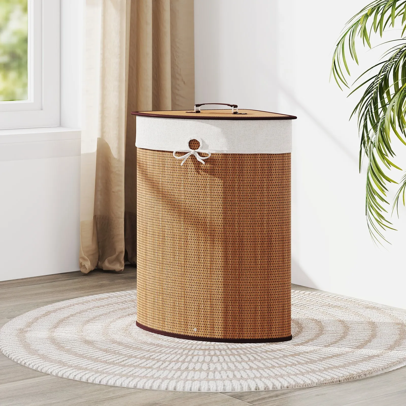 Bamboo Laundry Hamper Basket with Lid and Removable Liner Bag-Yellow