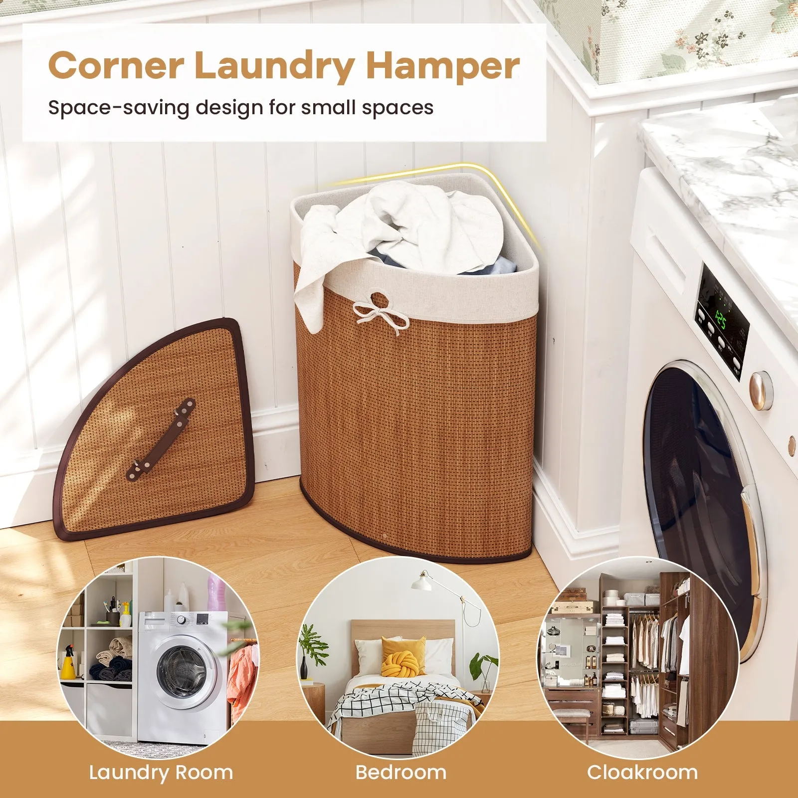 Bamboo Laundry Hamper Basket with Lid and Removable Liner Bag-Yellow