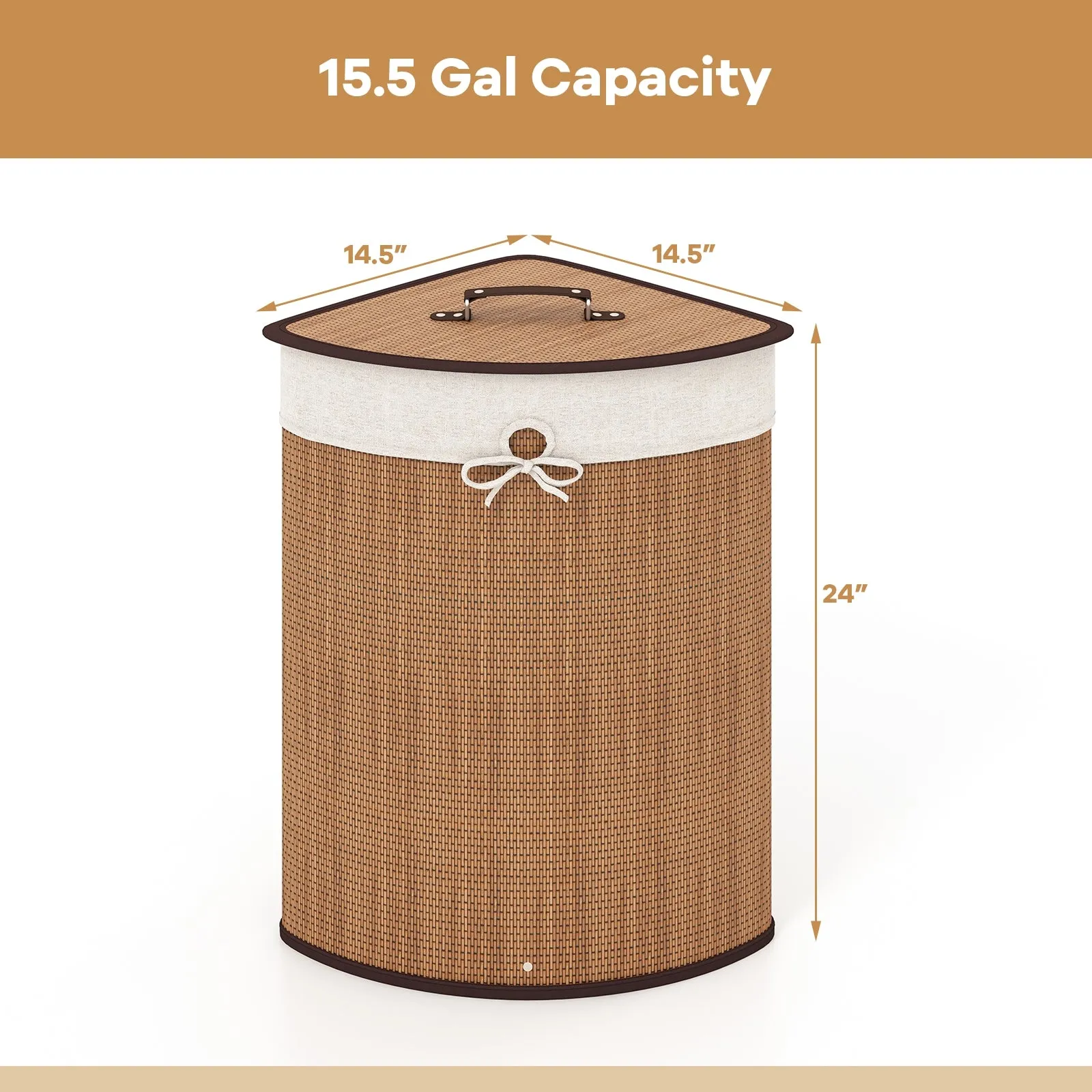 Bamboo Laundry Hamper Basket with Lid and Removable Liner Bag-Yellow