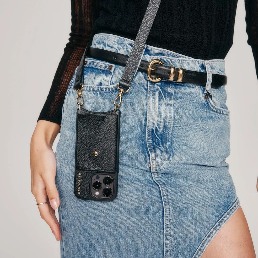 Bandolier Hailey Crossbody Wallet Phone Case for iPhone 16. 100% Genuine Pebble Leather with Gold Hardware. Adjustable & Removable Strap. Expandable Flip Card Holder. Black with Gold