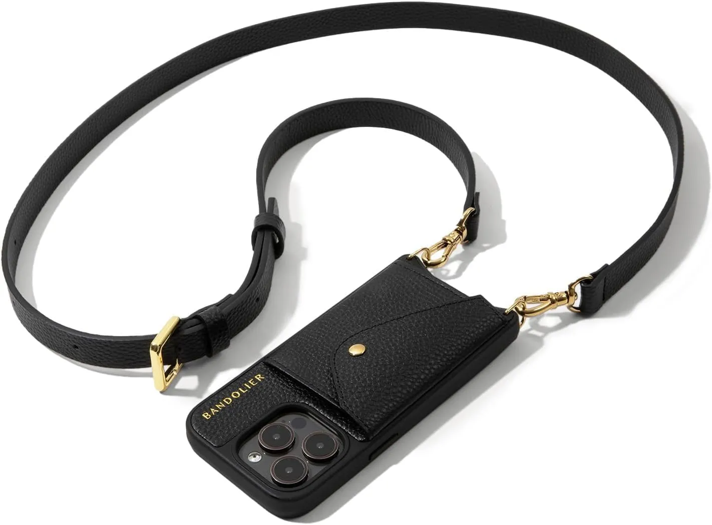 Bandolier Hailey Crossbody Wallet Phone Case for iPhone 16. 100% Genuine Pebble Leather with Gold Hardware. Adjustable & Removable Strap. Expandable Flip Card Holder. Black with Gold