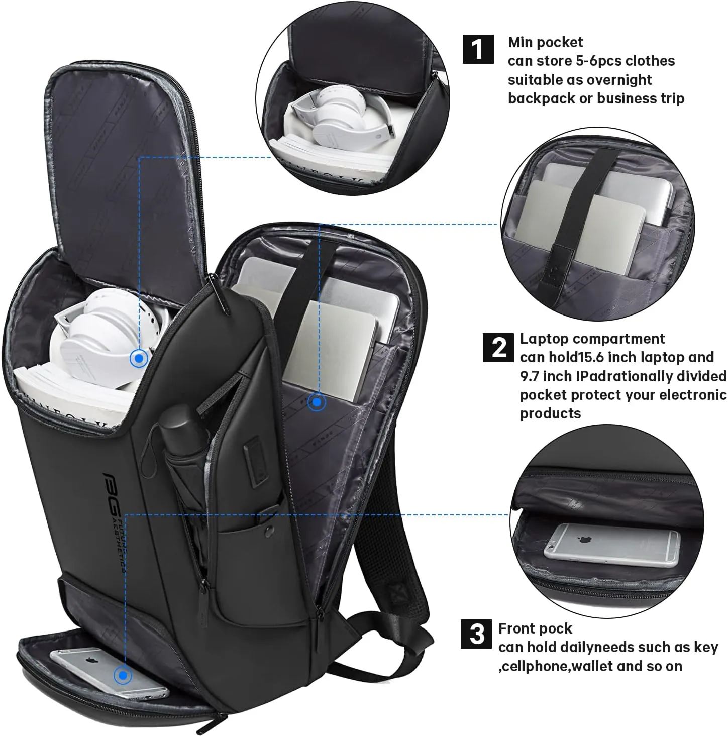 BANGE Business Laptop Smart backpack Can Hold 15.6 Inch Laptop Commute Backpack Carry on bag for men and women (Black)