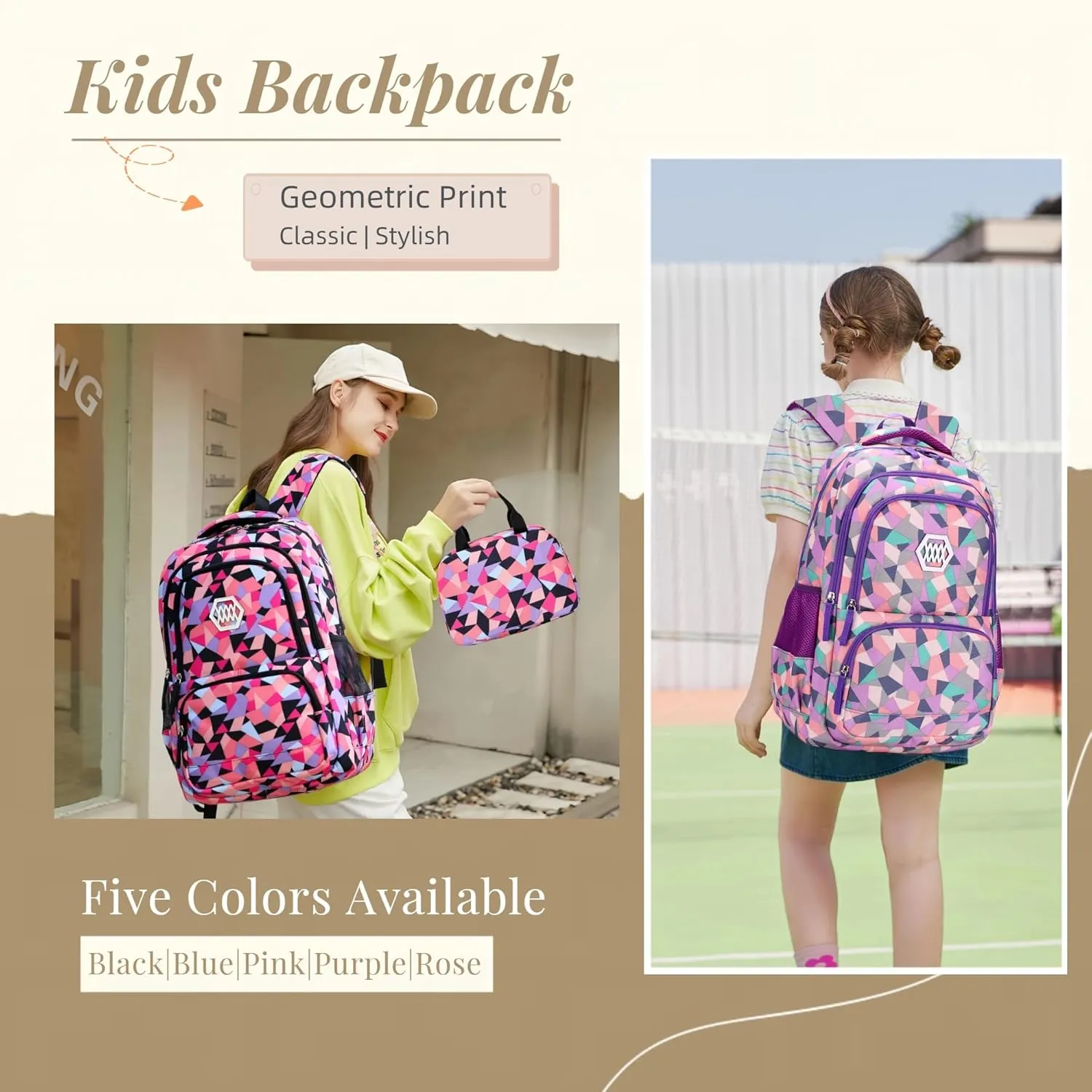 Bansusu 3Pcs Pink-a-3pcs Geometric Print Backpack and Lunch-Bag Set for Girls School Elementary Bookbags, 12.999.4418.89inch