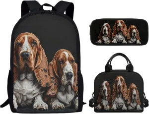Basset Hound Backpack for Boys Girls, Lightweight Kids Backpack with Lunch Box Cute Kawaii Pencil Case, Large Comfortable Girls Bookbag School Backpack for Elementary Middle School