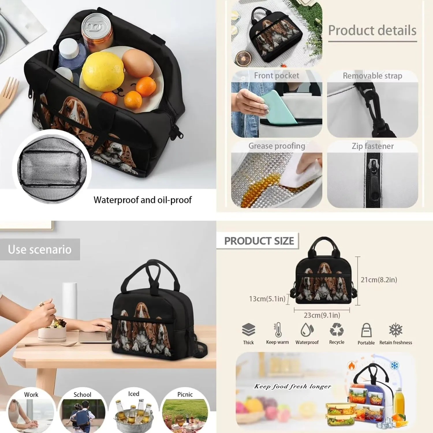 Basset Hound Backpack for Boys Girls, Lightweight Kids Backpack with Lunch Box Cute Kawaii Pencil Case, Large Comfortable Girls Bookbag School Backpack for Elementary Middle School