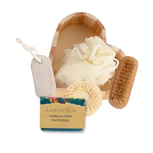 Bath Sets for Women Gift Bath Sponge, Feet Scrubber, Body Brush, Goat Milk Soap Vanilla Patchouli - Perfect Gifts for Women & Mom, Bath Spa Gifts in Heart-Shaped Box, Skin Care Set