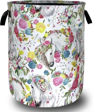 Beautiful Horse Laundry Basket Colorful Floral Animal Laundry Hamper Foldable Oxford Cloth Funny Tote Bag Clothes Toy Storage Bucket For Bathroom/Laundry Storage/Bedroom 18.9 x 16.5 Inch