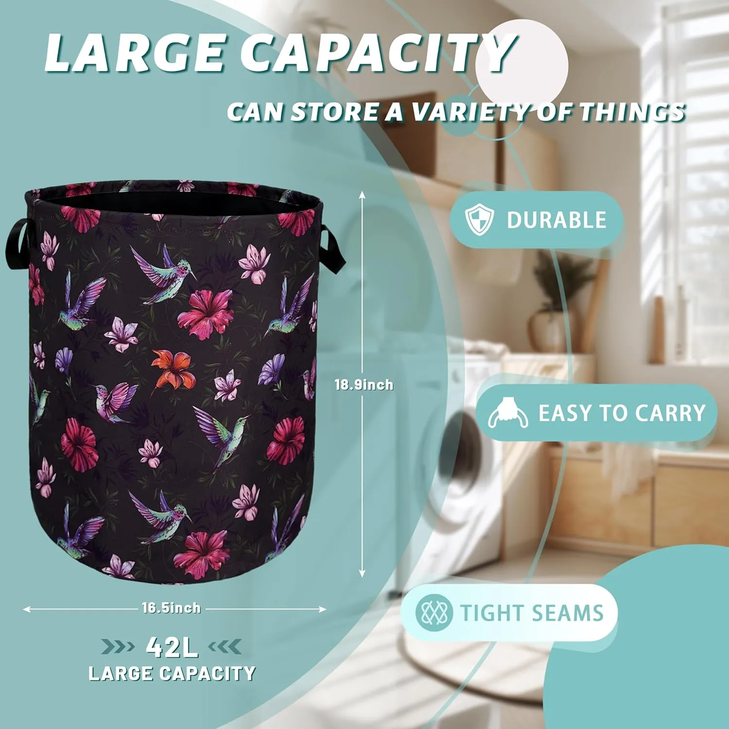 Beautiful Hummingbird Hibiscus Flower Laundry Basket Foldable With Handles Tote Bag Oxford Cloth Colorful Laundry Hamper Clothes Storage Bucket For Bathroom/Laundry/Bedroom 18.9" x 16.5 "