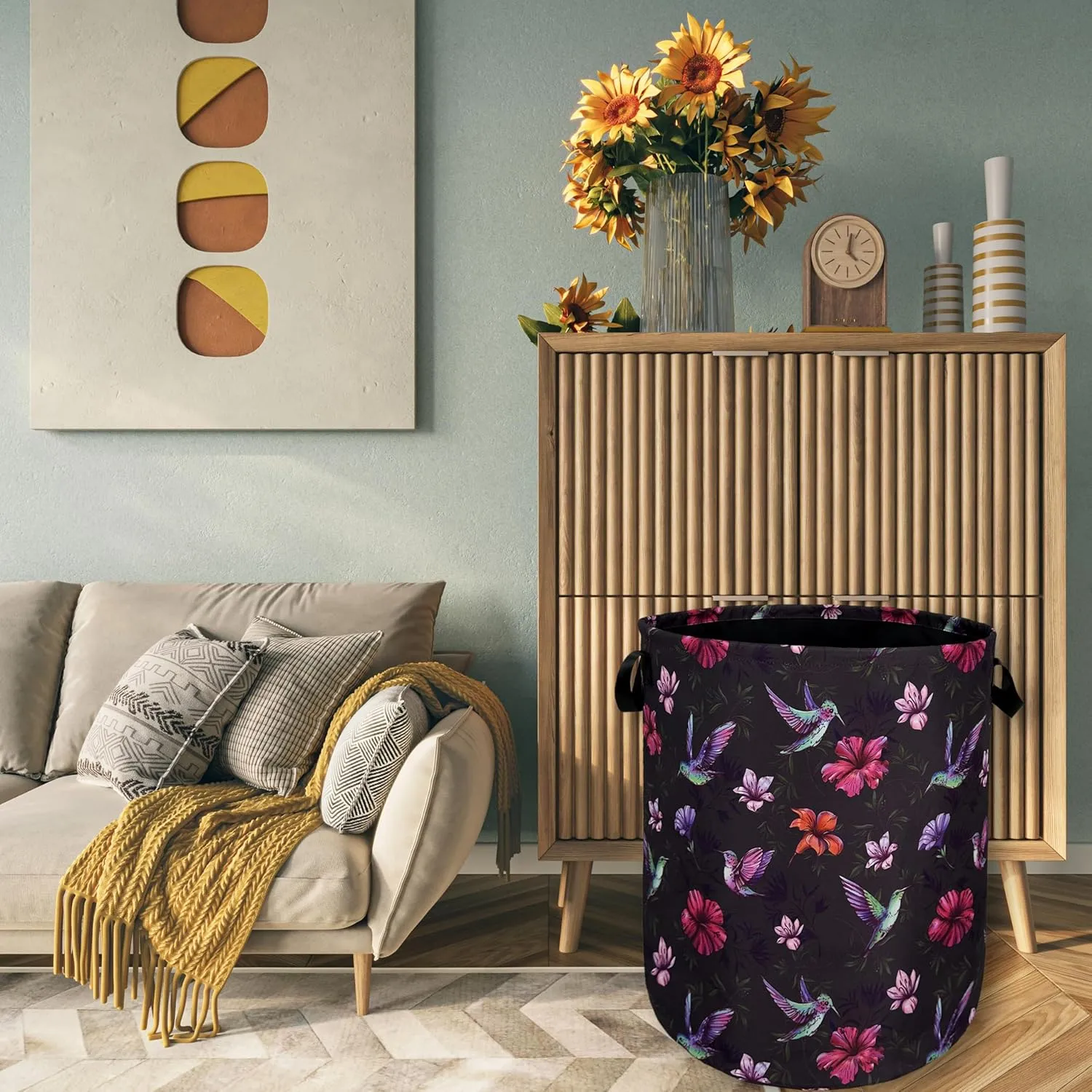 Beautiful Hummingbird Hibiscus Flower Laundry Basket Foldable With Handles Tote Bag Oxford Cloth Colorful Laundry Hamper Clothes Storage Bucket For Bathroom/Laundry/Bedroom 18.9" x 16.5 "