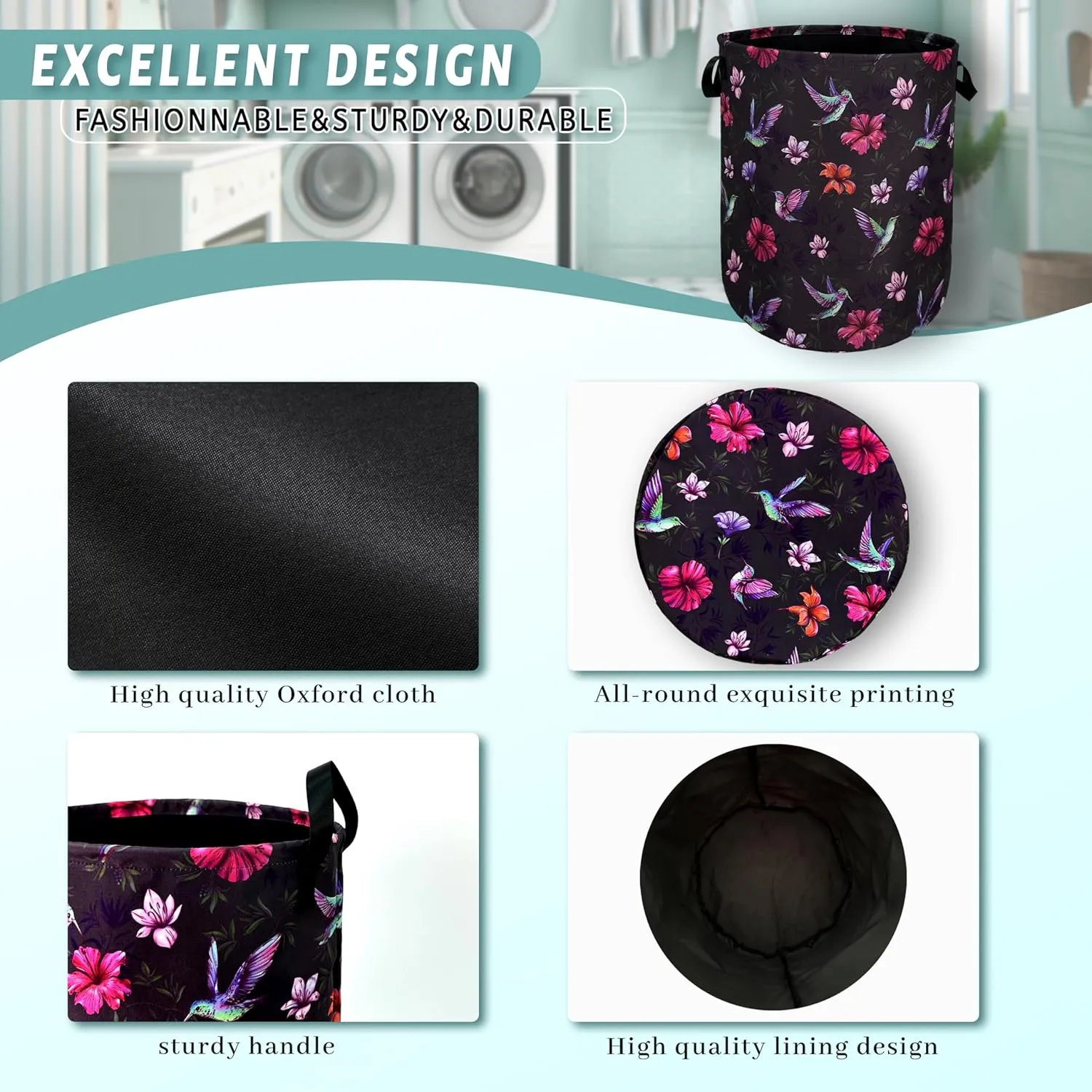 Beautiful Hummingbird Hibiscus Flower Laundry Basket Foldable With Handles Tote Bag Oxford Cloth Colorful Laundry Hamper Clothes Storage Bucket For Bathroom/Laundry/Bedroom 18.9" x 16.5 "