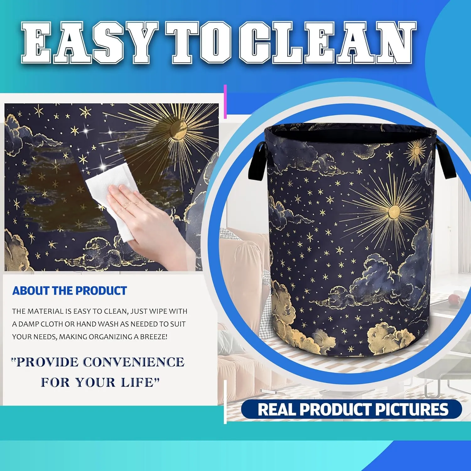 Beautiful Sun Stars Moon Laundry Basket Oxford Cloth Clouds Laundry Hamper With Handle Foldable Portable Clothes Storage Basket 18.9 X 16.5 In Storage Bag For Laundry Room/Bathroom/Bedroom/Dormitories