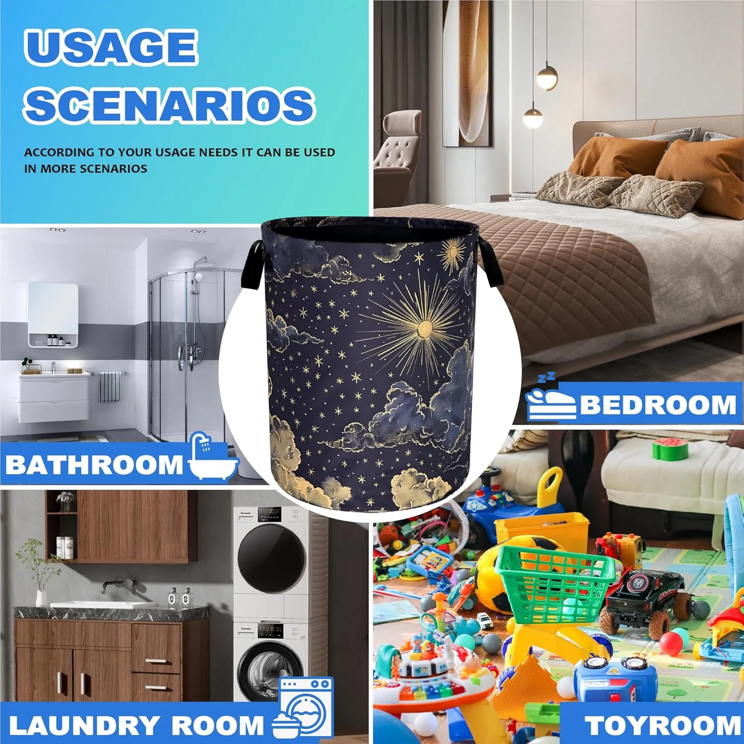 Beautiful Sun Stars Moon Laundry Basket Oxford Cloth Clouds Laundry Hamper With Handle Foldable Portable Clothes Storage Basket 18.9 X 16.5 In Storage Bag For Laundry Room/Bathroom/Bedroom/Dormitories