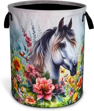 Beautiful White Horse Laundry Basket Funny Animal Flowers Oxford Cloth Laundry Hamper With Handle Foldable Portable Clothes Storage Basket 18.9 X 16.5 In Storage Bag For Laundry Room/Bathroom/Bedroom