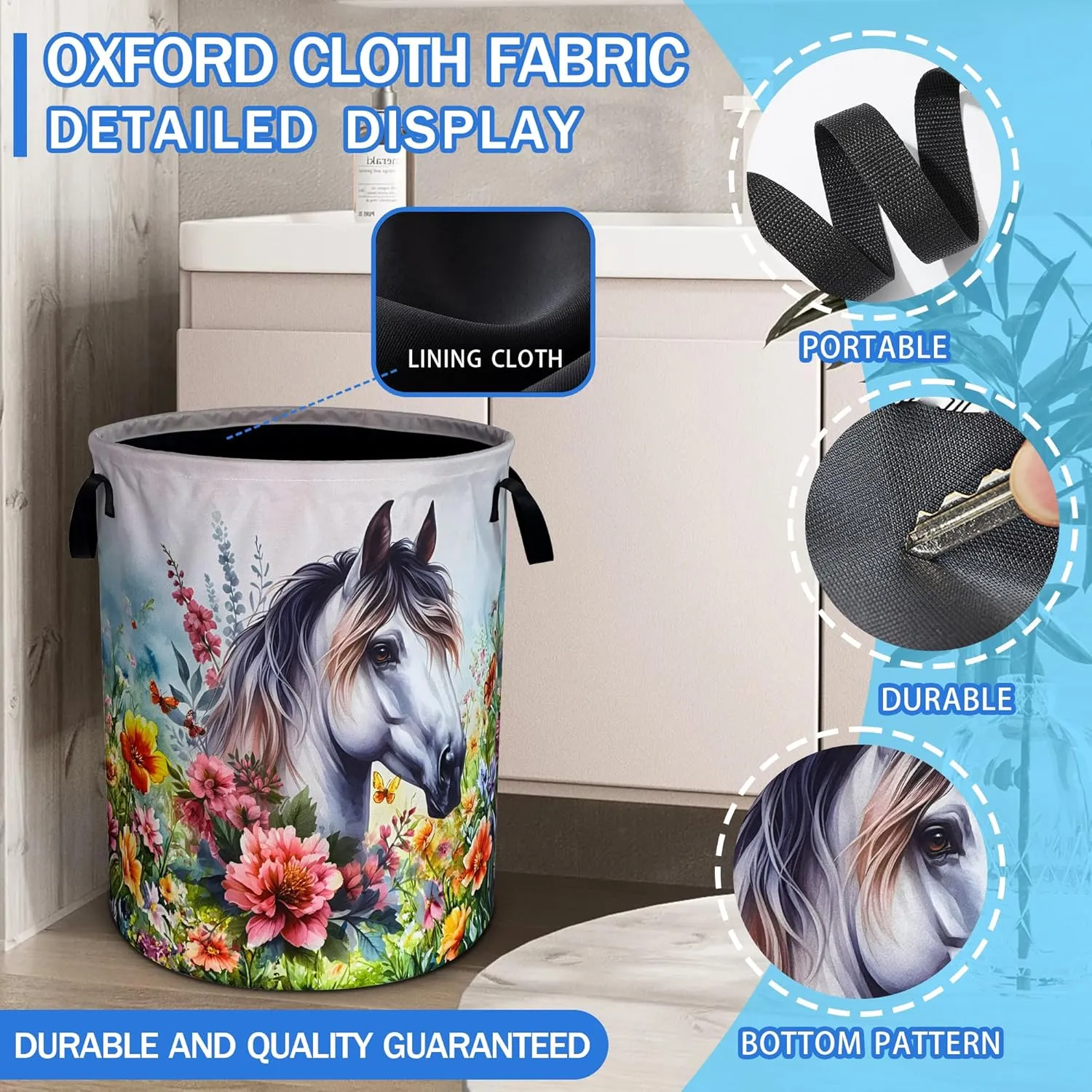 Beautiful White Horse Laundry Basket Funny Animal Flowers Oxford Cloth Laundry Hamper With Handle Foldable Portable Clothes Storage Basket 18.9 X 16.5 In Storage Bag For Laundry Room/Bathroom/Bedroom