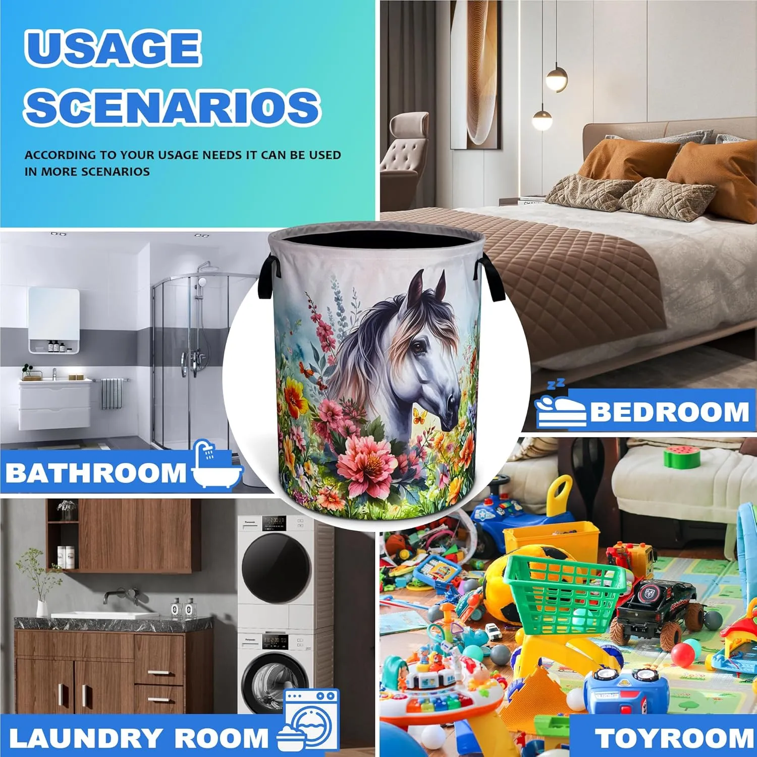 Beautiful White Horse Laundry Basket Funny Animal Flowers Oxford Cloth Laundry Hamper With Handle Foldable Portable Clothes Storage Basket 18.9 X 16.5 In Storage Bag For Laundry Room/Bathroom/Bedroom