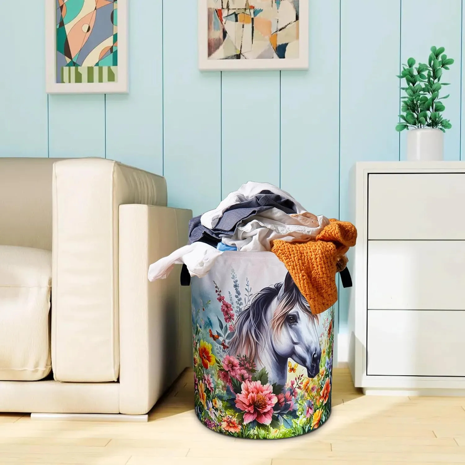 Beautiful White Horse Laundry Basket Funny Animal Flowers Oxford Cloth Laundry Hamper With Handle Foldable Portable Clothes Storage Basket 18.9 X 16.5 In Storage Bag For Laundry Room/Bathroom/Bedroom