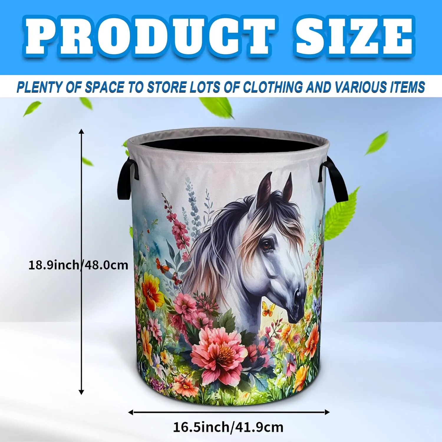 Beautiful White Horse Laundry Basket Funny Animal Flowers Oxford Cloth Laundry Hamper With Handle Foldable Portable Clothes Storage Basket 18.9 X 16.5 In Storage Bag For Laundry Room/Bathroom/Bedroom