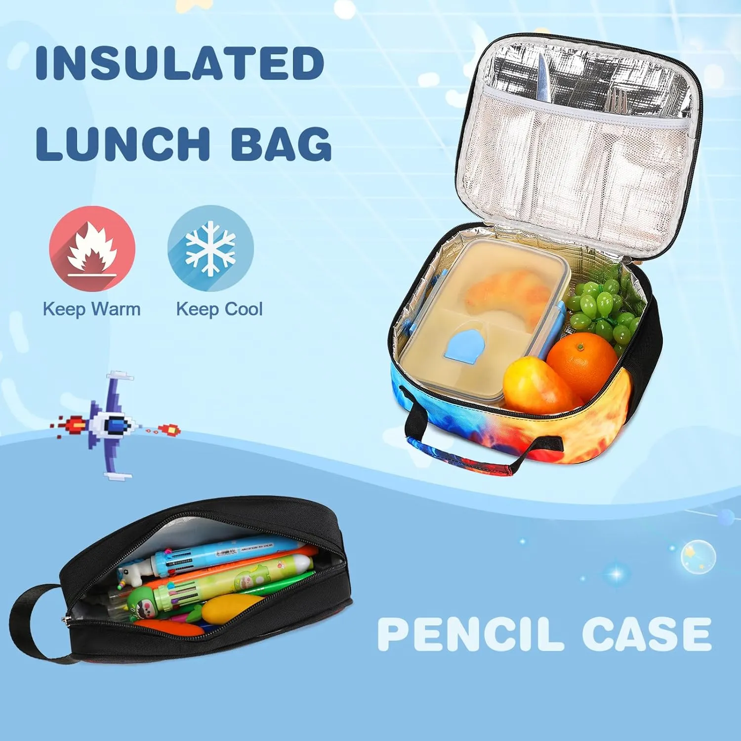 Bevalsa Backpack for Boys, School Bags for Kids, Bookbag for Boys Girls Children Teens Backpacks for Elementary Middle High school Student, Bookbag and Lunch Bag Set with USB Charging Port (Flame)