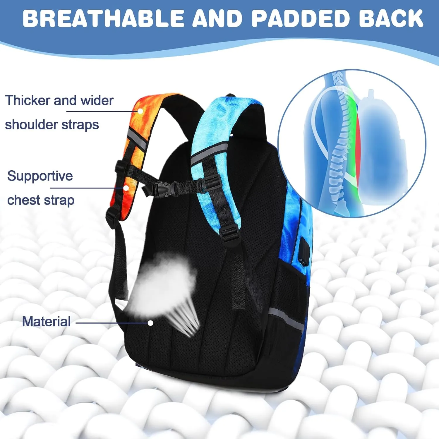Bevalsa Backpack for Boys, School Bags for Kids, Bookbag for Boys Girls Children Teens Backpacks for Elementary Middle High school Student, Bookbag and Lunch Bag Set with USB Charging Port (Flame)