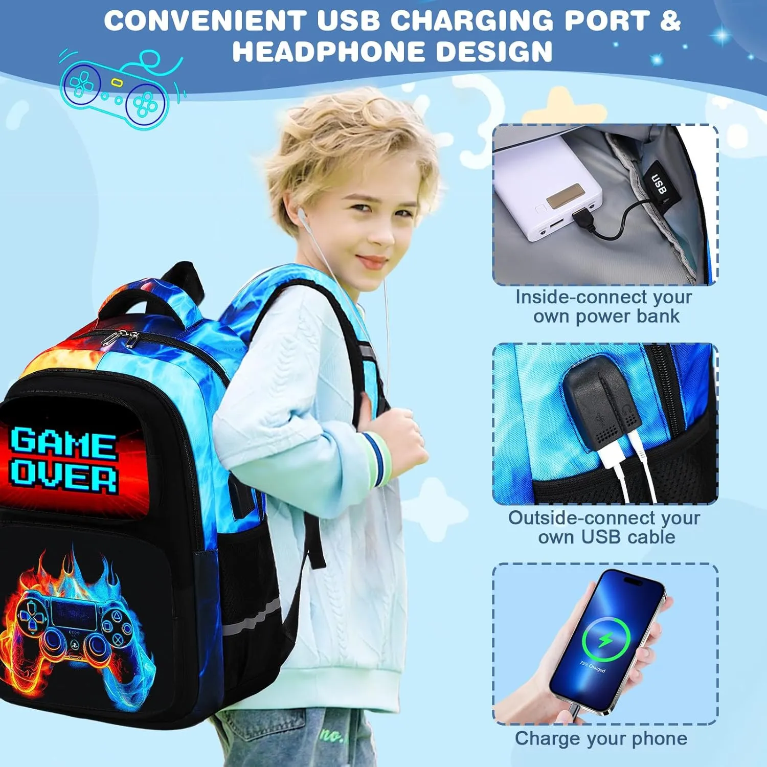 Bevalsa Backpack for Boys, School Bags for Kids, Bookbag for Boys Girls Children Teens Backpacks for Elementary Middle High school Student, Bookbag and Lunch Bag Set with USB Charging Port (Flame)
