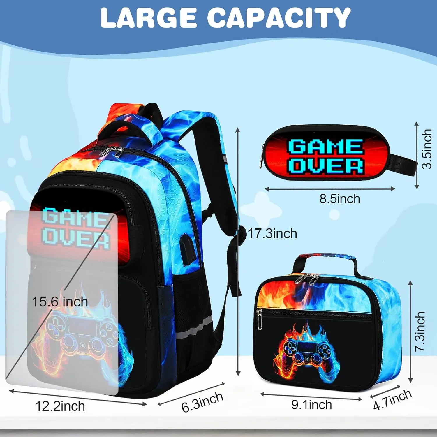 Bevalsa Backpack for Boys, School Bags for Kids, Bookbag for Boys Girls Children Teens Backpacks for Elementary Middle High school Student, Bookbag and Lunch Bag Set with USB Charging Port (Flame)