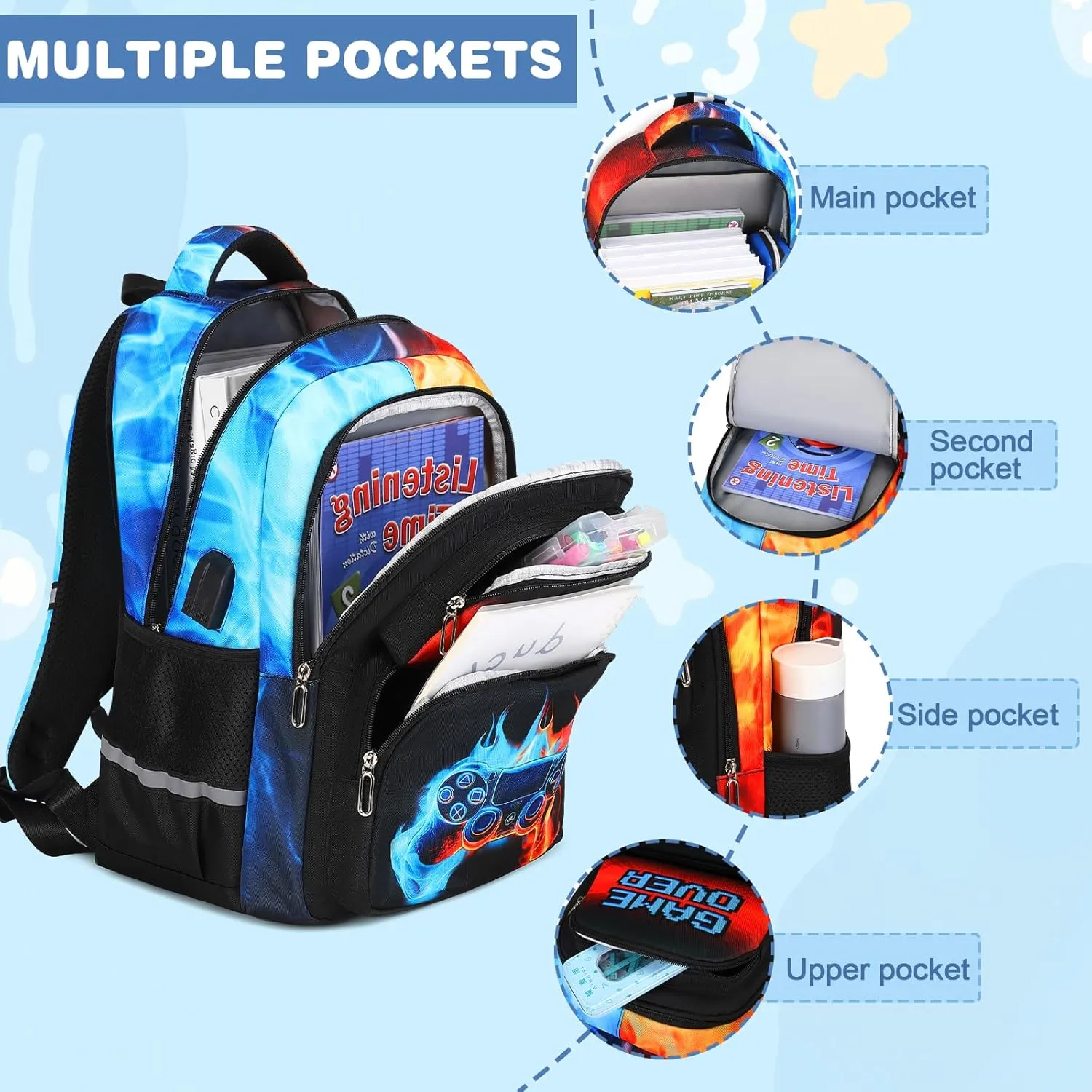 Bevalsa Backpack for Boys, School Bags for Kids, Bookbag for Boys Girls Children Teens Backpacks for Elementary Middle High school Student, Bookbag and Lunch Bag Set with USB Charging Port (Flame)