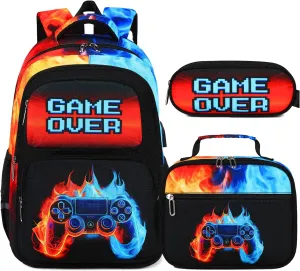 Bevalsa Backpack for Boys, School Bags for Kids, Bookbag for Boys Girls Children Teens Backpacks for Elementary Middle High school Student, Bookbag and Lunch Bag Set with USB Charging Port (Flame)
